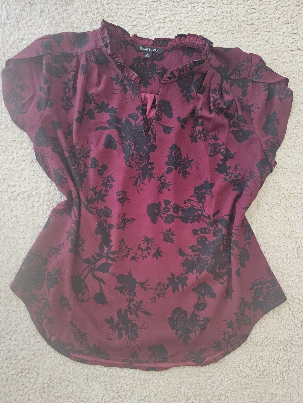 41 Hawthorne Wine Red Floral Ruffled Neck Tulip Sleeve Blouse